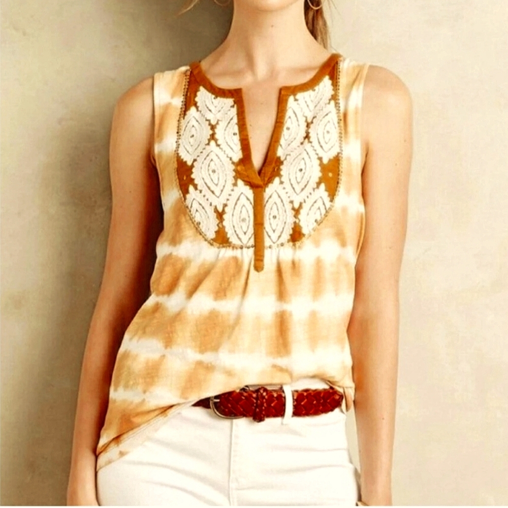 Anthropologie Tie Dye Embroidered Tank Top Floreat tan/white size small‎